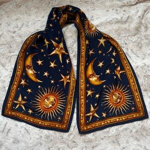 Casca Celestial Sun Moon & Stars Silk Scarf Wrap Cobalt Blue & Gold